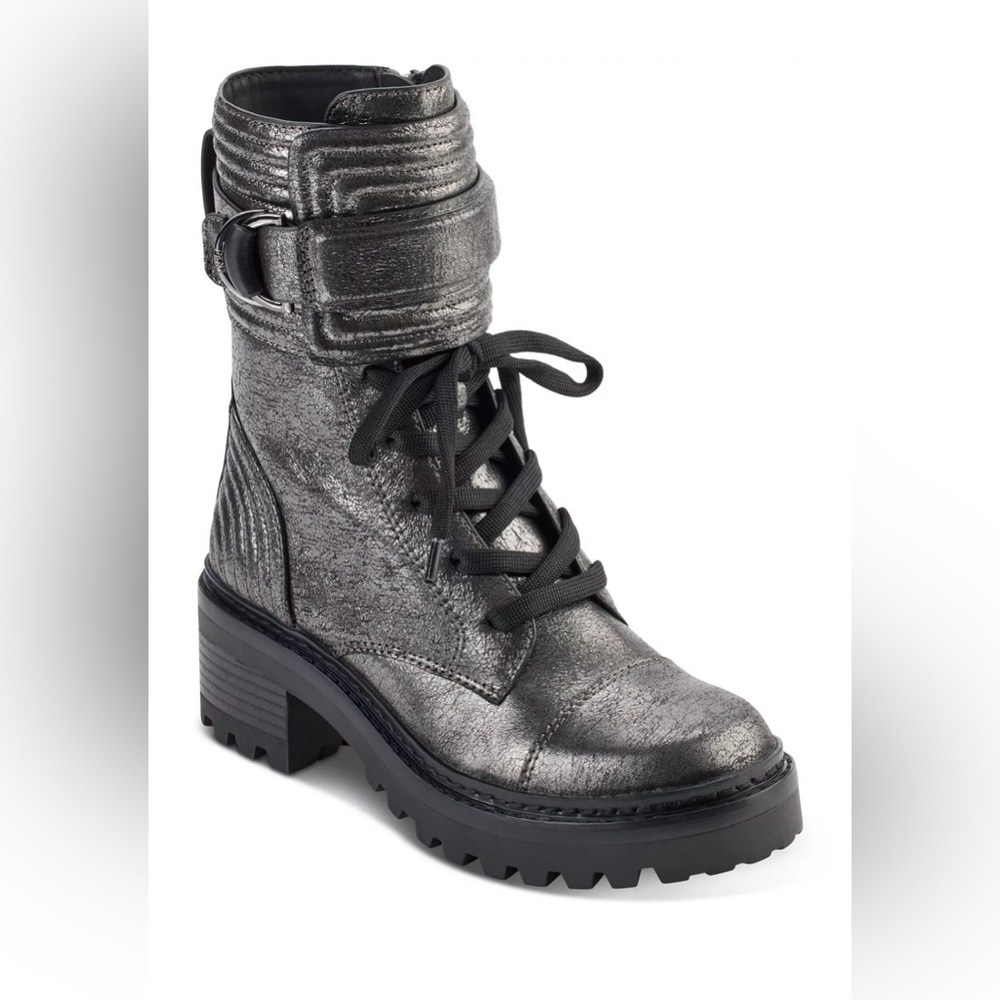 DKNY Women’s Basia Buckled Quilted Block-Heel Combat Boots